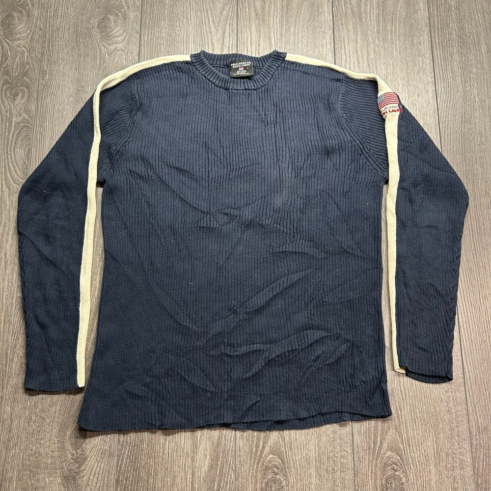 Vintage Polo Jeans Ralph Lauren Large Navy Ribbed Cotton Flag Sweater Prep